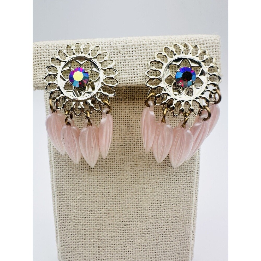 Vintage Rhinestone Pink petal Flower Clip On Earrings